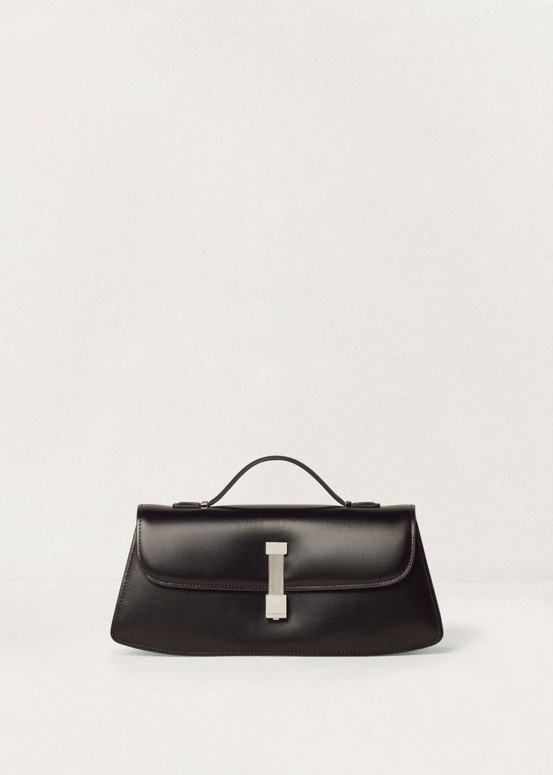 Kassandre Colonne clutch in black cow leather with silver hardware, rigorous lines, front view