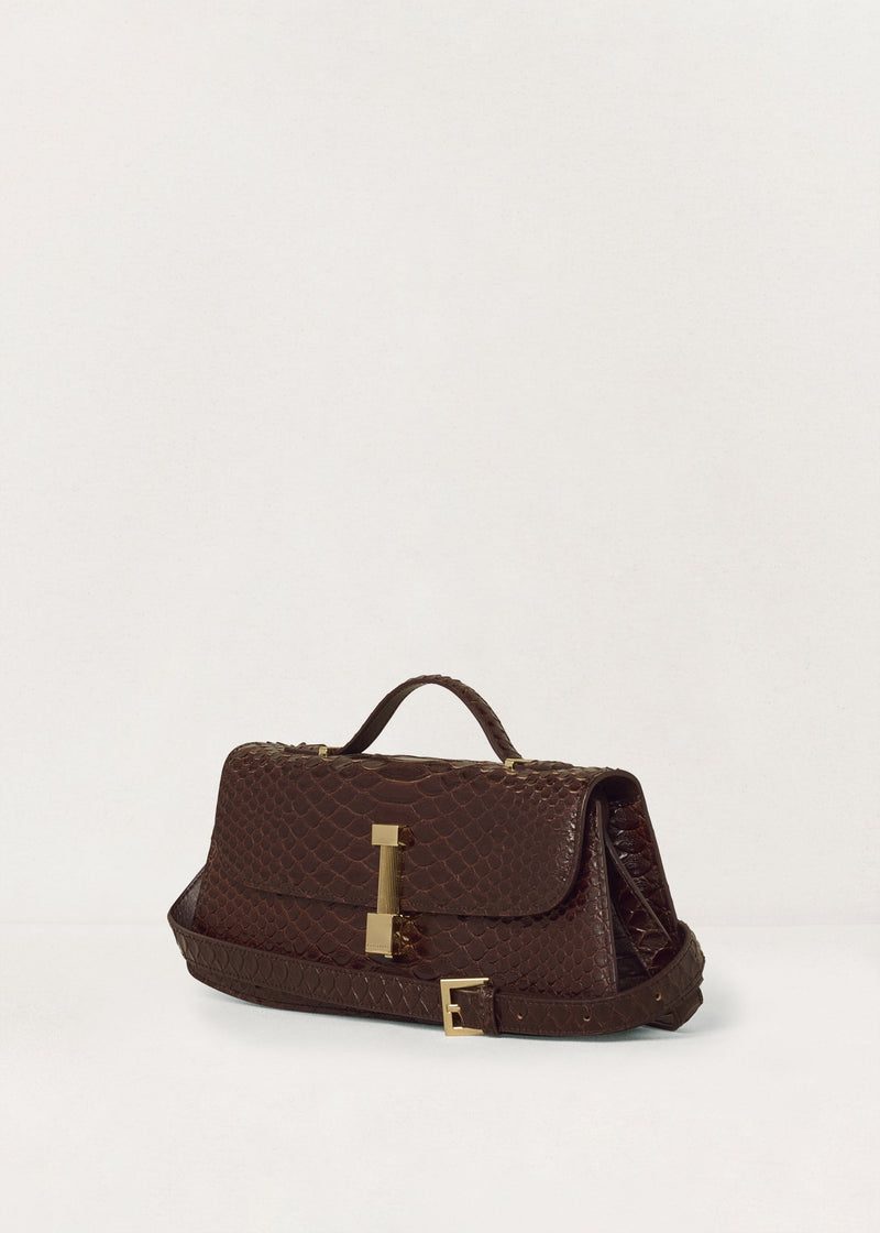 Kassandre Colonne mini hobo bag in brown python-effect leather, column volume, adjustable removable strap ,crossbody bag ,three quarter view