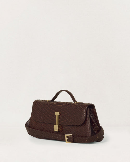 Kassandre Colonne mini hobo bag in brown python-effect leather, column volume, adjustable removable strap ,crossbody bag ,three quarter view