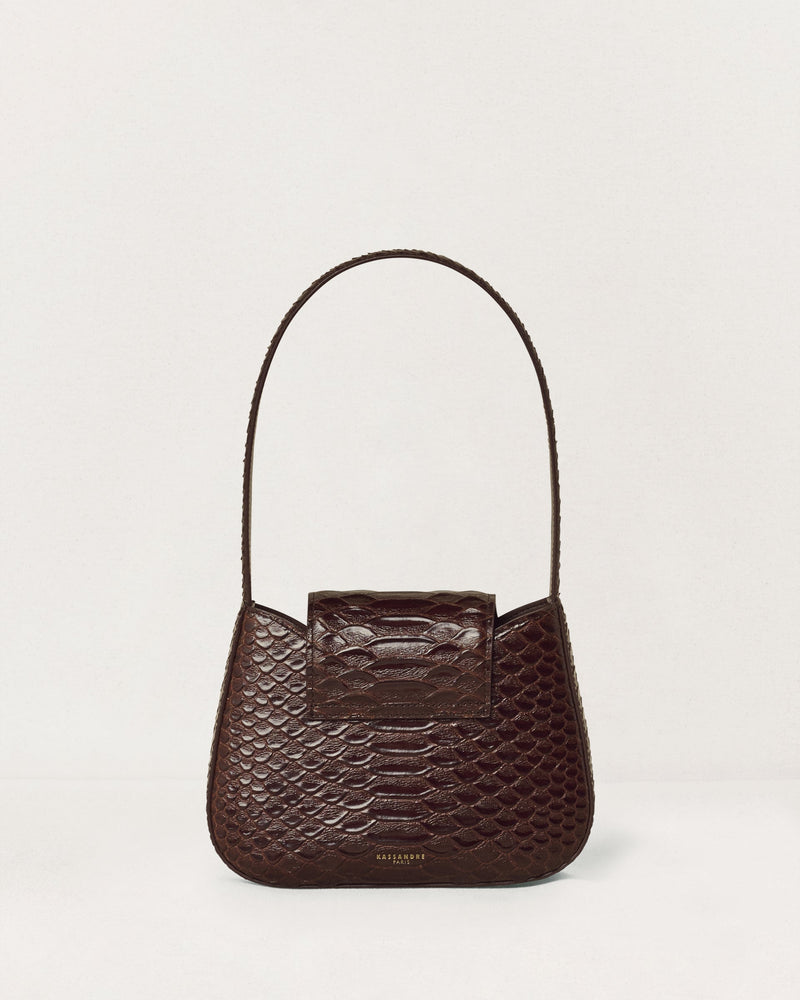 Kassandre Colonne mini hobo bag in brown python-effect leather, column volume, back view