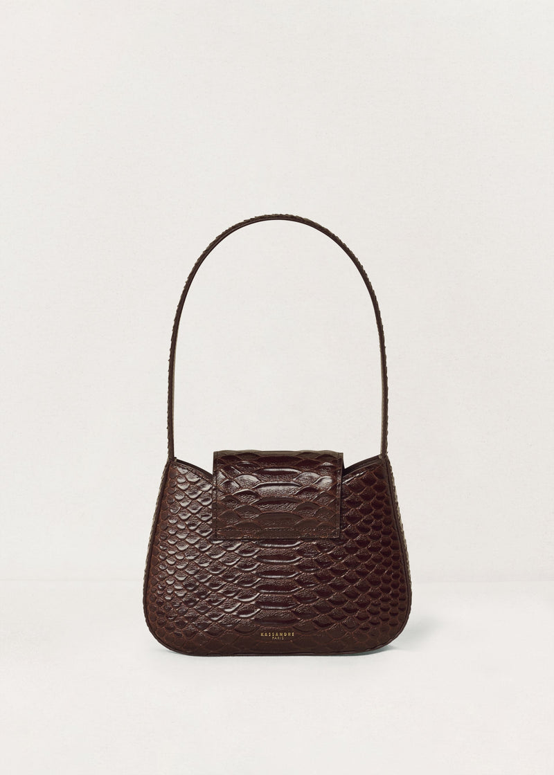 Kassandre Colonne mini hobo bag in brown python-effect leather, column volume, back view