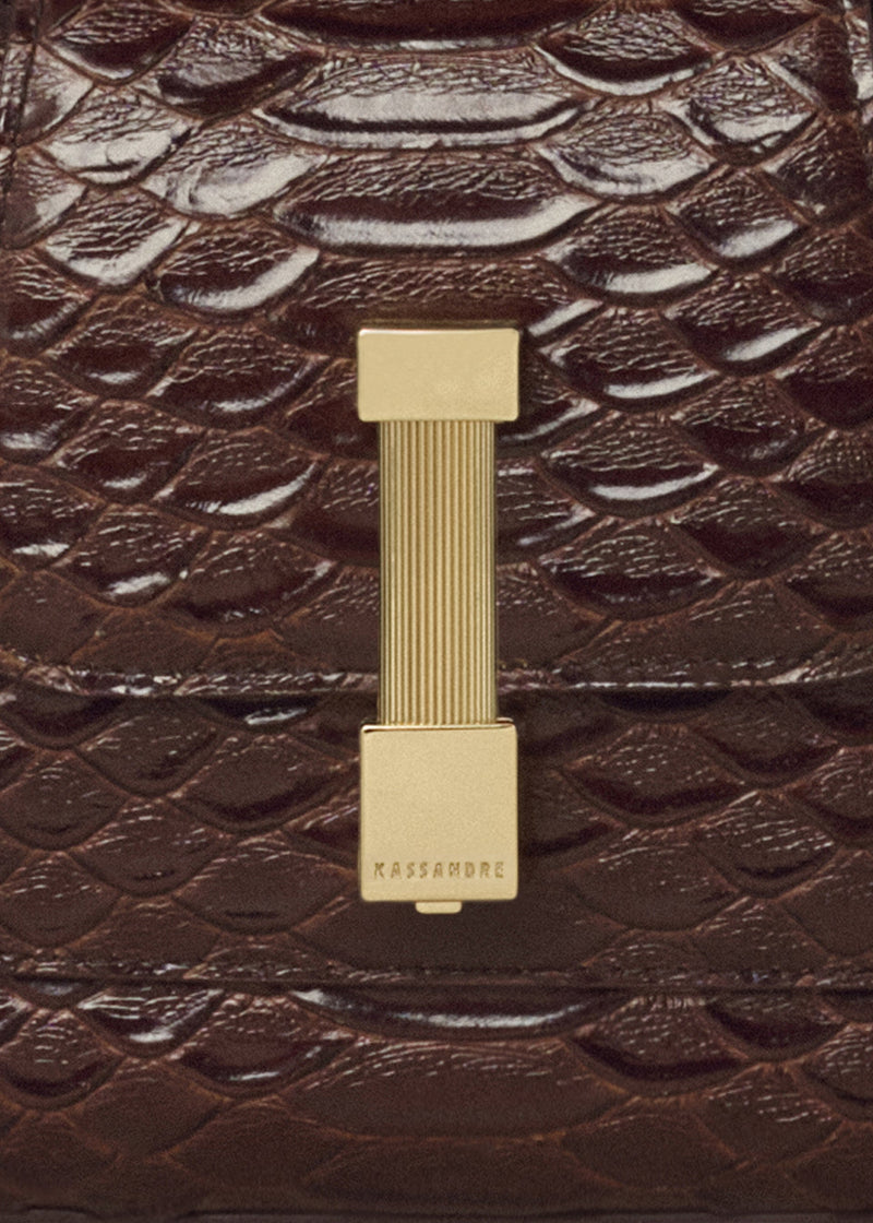 Kassandre Colonne mini hobo bag in brown python-effect leather, column volume, detail view 