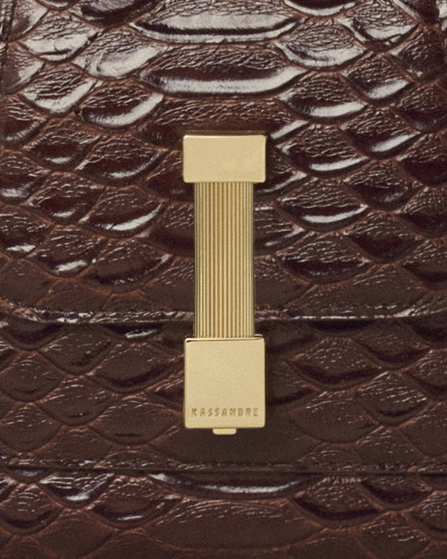Kassandre Colonne mini hobo bag in brown python-effect leather, column volume, detail view 