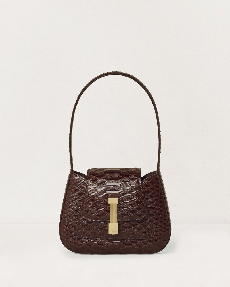 Kassandre Colonne mini hobo bag in brown python-effect leather, column volume, front view