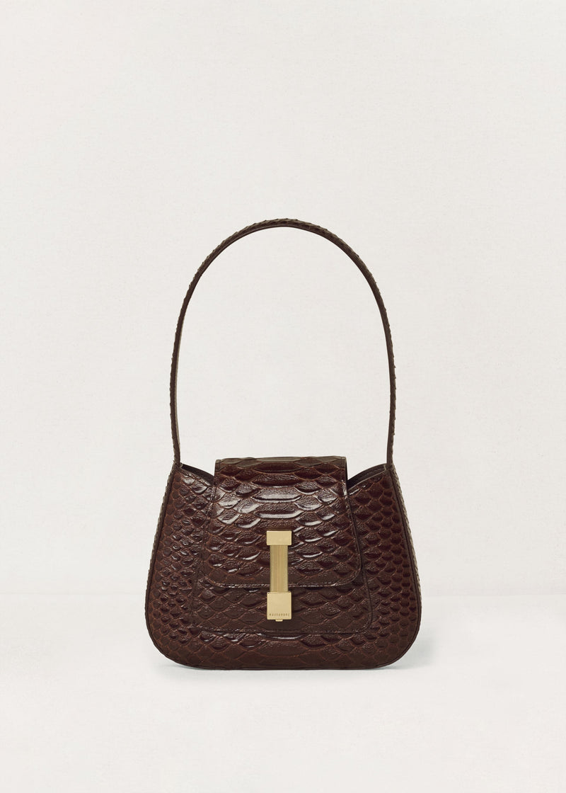 Kassandre Colonne mini hobo bag in brown python-effect leather, column volume, front view
