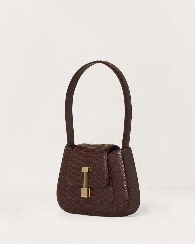 Kassandre Colonne mini hobo bag in brown python-effect leather, column volume, three quarter view