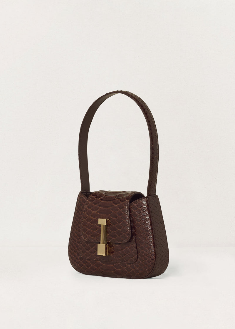 Kassandre Colonne mini hobo bag in brown python-effect leather, column volume, three quarter view