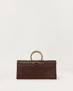 Kassandre Deva clutch in brown python-effect leather, sculptural Art Deco geometry, removable strap , crossbody bag ,back view