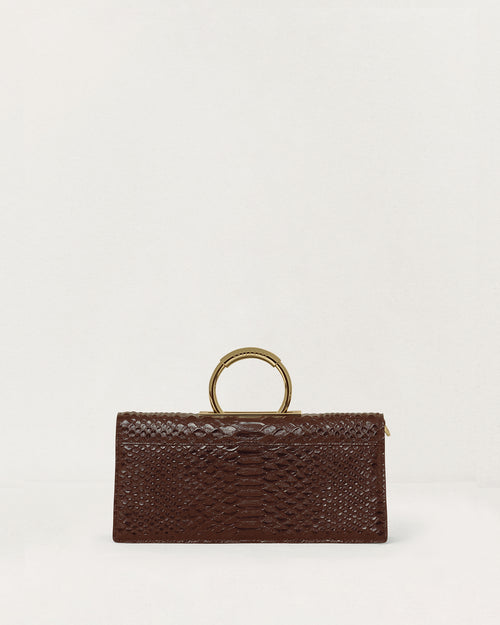 Kassandre Deva clutch in brown python-effect leather, sculptural Art Deco geometry, removable strap , crossbody bag ,back view