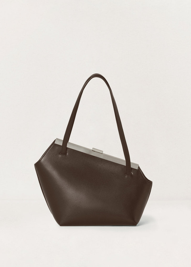 Kassandre Eileen asymmetric shoulder bag in brown cow leather, silver frame, graphic geometry, back view