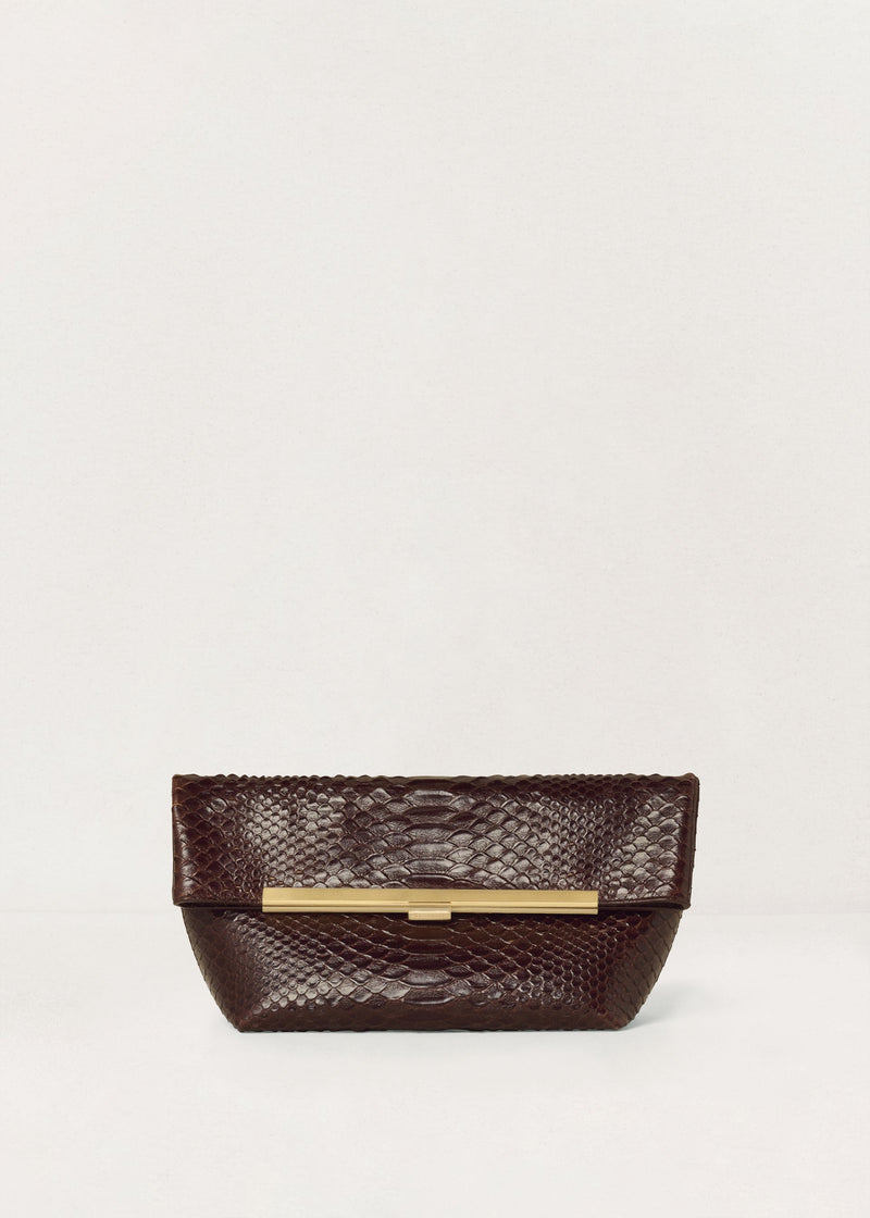 Kassandre Eileen clutch in brown python-effect leather with striped metal frame, front view