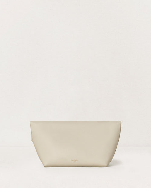 Kassandre Eileen clutch in off-white cow leather with gold metal frame, Art Deco lines , back view