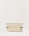 Kassandre Eileen clutch in off-white cow leather with gold metal frame, Art Deco lines, front view