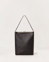 Kassandre Eileen computer bag in black cow leather with silver striped metal frame, front view