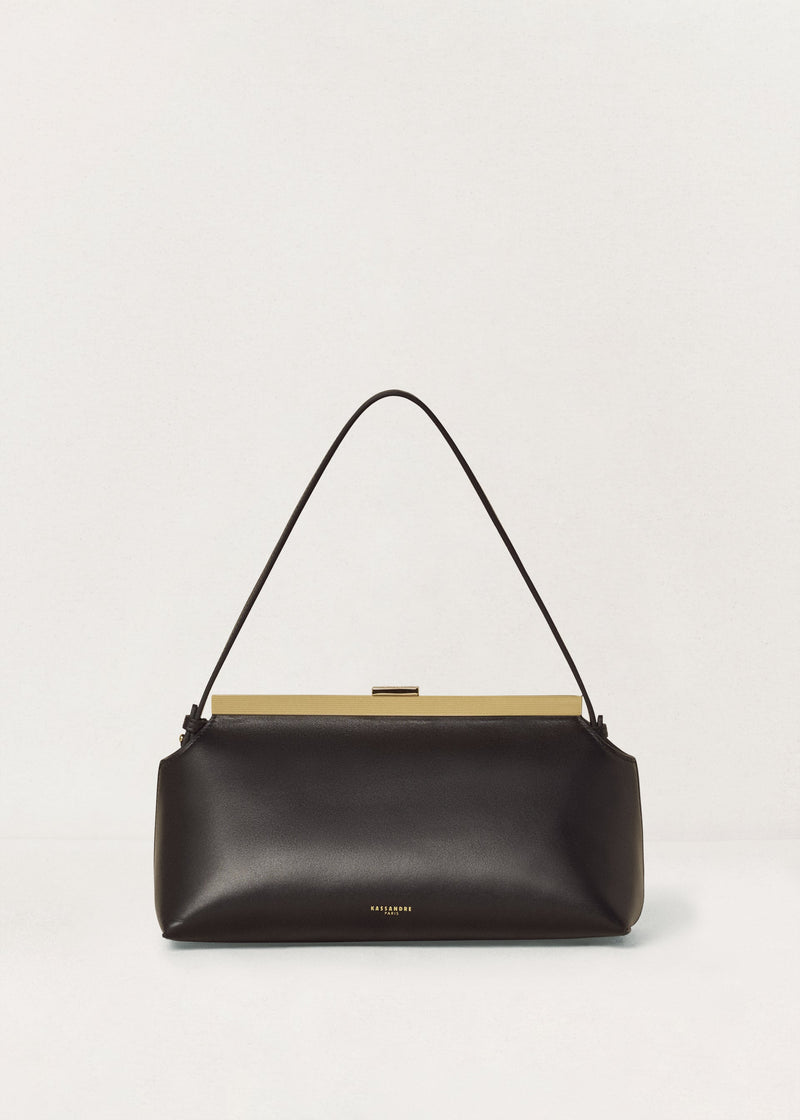 Kassandre Eileen shoulder bag in black smooth cow leather with striped metal frame, front view